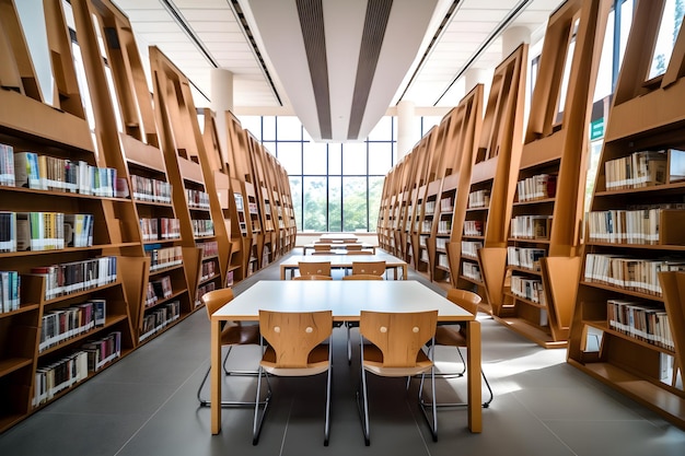 Uma biblioteca com uma mesa e cadeiras no meio e uma fileira de livros nas prateleiras.