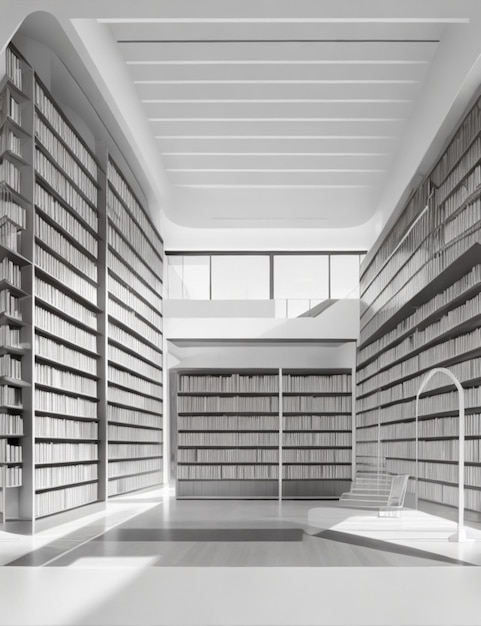 Uma biblioteca moderna com seu design minimalista elegante e fileiras de estantes que se estendem