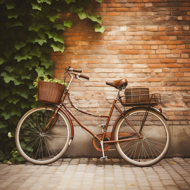 Foto uma bicicleta antiga apoiada contra uma parede de tijolos