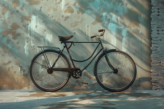 Uma bicicleta antiga apoiada contra uma parede