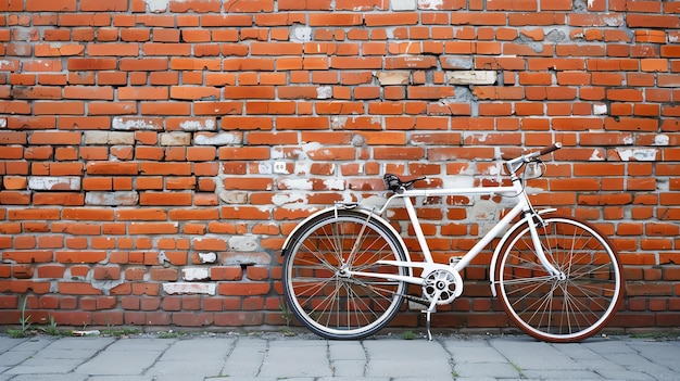 Uma bicicleta antiga branca está apoiada contra uma parede de tijolos A bicicleta tem uma sela marrom e pneus brancos