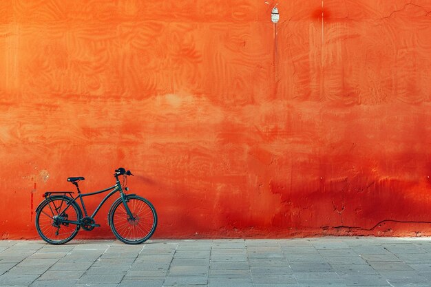Uma bicicleta antiga em uma parede de tijolos laranja