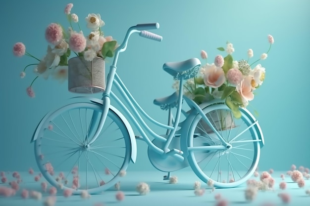 Uma bicicleta azul com uma cesta de flores