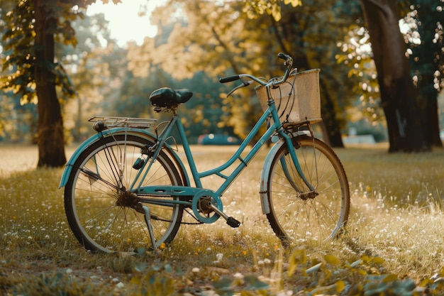 uma bicicleta azul com uma cesta na frente dela