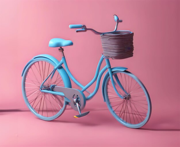 uma bicicleta azul com uma cesta na frente é pintada de rosa