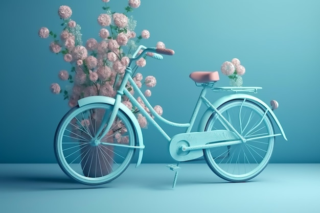 Uma bicicleta azul com uma flor rosa ao fundo