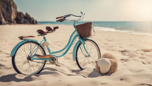 Foto uma bicicleta azul está na areia com uma praia ao fundo