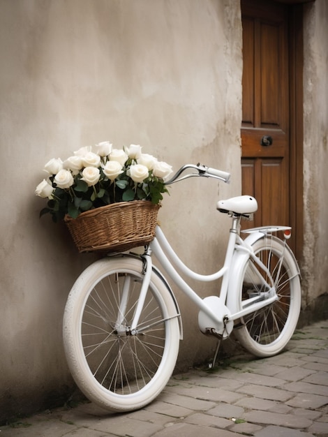 Uma bicicleta branca adornada com cestas cheias de rosas brancas