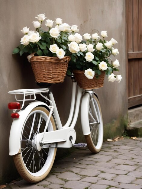 Uma bicicleta branca adornada com cestas cheias de rosas brancas