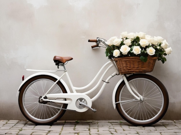 Uma bicicleta branca adornada com cestas cheias de rosas brancas