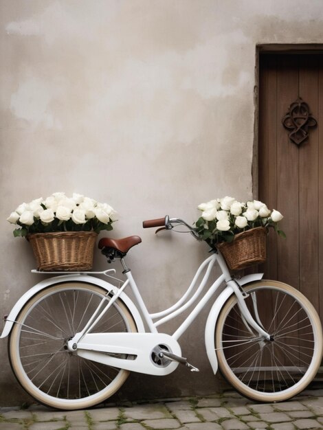 Uma bicicleta branca adornada com cestas cheias de rosas brancas