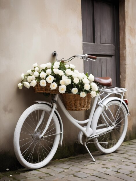 Uma bicicleta branca adornada com cestas cheias de rosas brancas