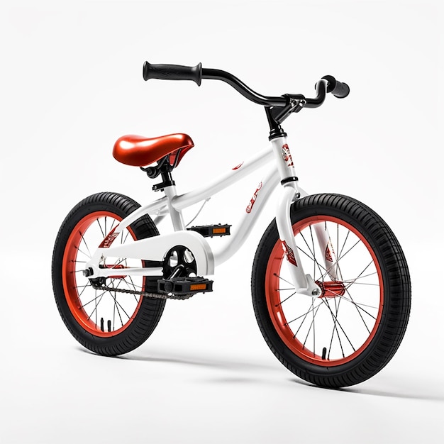 Foto uma bicicleta branca com rodas vermelhas e pretas e a palavra bicicleta nela.
