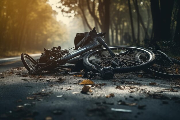 Uma bicicleta caída de lado abandonada ao lado da estrada Colisão de bicicleta Acidente de viação com bicicleta e capacete quebrados Gerado por IA