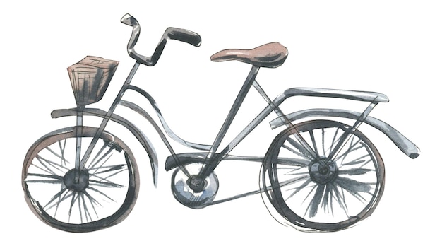 Uma bicicleta clássica com uma cesta Ilustração em aquarela em estilo de desenho com elementos gráficos Um objeto isolado de um grande conjunto de PARIS Para design e composição de decoração