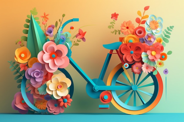 Uma bicicleta colorida com flores na frente