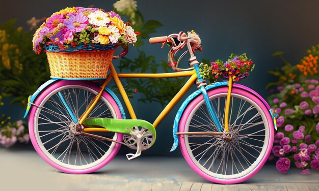 Foto uma bicicleta colorida com uma cesta de flores