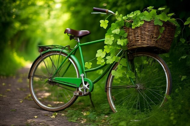 Uma bicicleta com tréboles tecidos no cesto