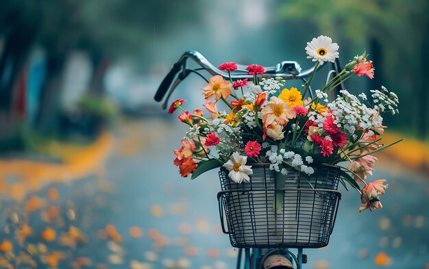 uma bicicleta com uma cesta cheia de flores e uma bicicleta