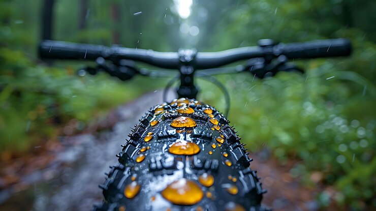 Foto uma bicicleta com uma flor amarela na cabeça está coberta de chuva