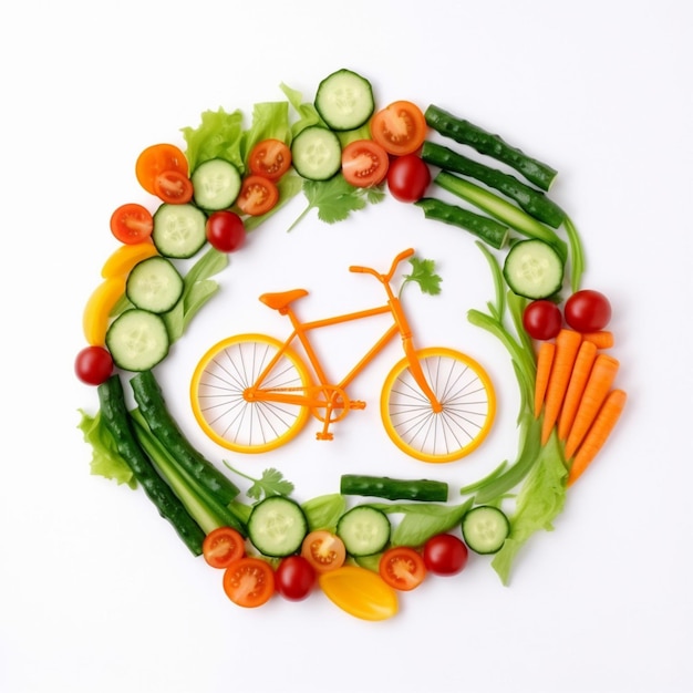 Uma bicicleta é cercada por vegetais e uma bicicleta.