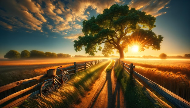 Uma bicicleta e uma árvore estão em primeiro plano de um campo