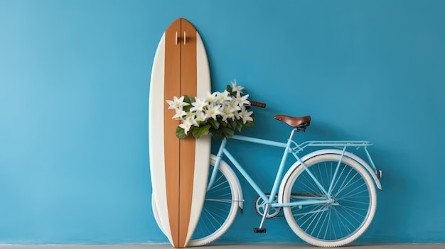 Uma bicicleta e uma prancha de surf estão encostadas a uma parede azul.