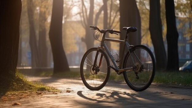 Uma bicicleta em um parque com árvores ao fundo generative ai