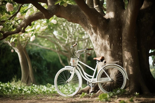 uma bicicleta está encostada em uma árvore com uma árvore ao fundo.