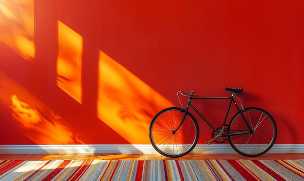 Foto uma bicicleta está estacionada contra uma parede vermelha com o sol brilhando sobre ela