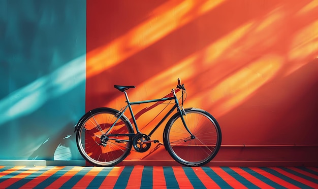 uma bicicleta está estacionada contra uma parede vermelha e o sol está brilhando no chão