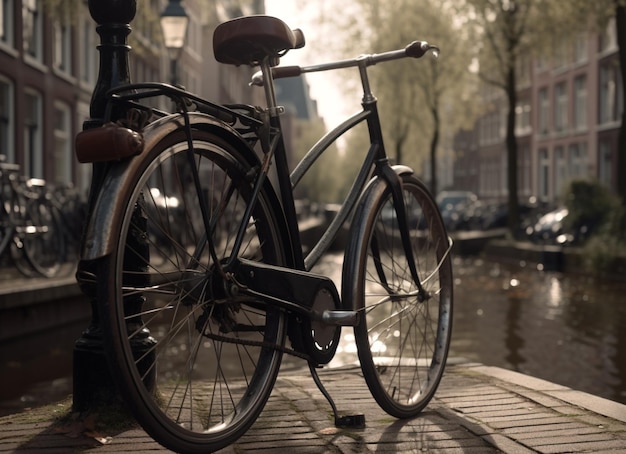 Uma bicicleta está estacionada em uma calçada em Amsterdã.