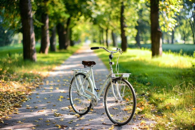 uma bicicleta está estacionada em uma trilha no parque