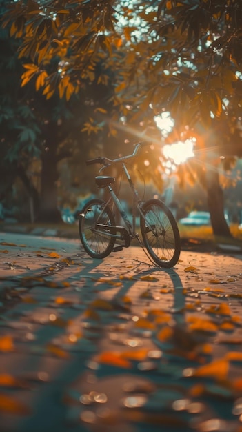 uma bicicleta está estacionada no parque com o sol brilhando através das árvores