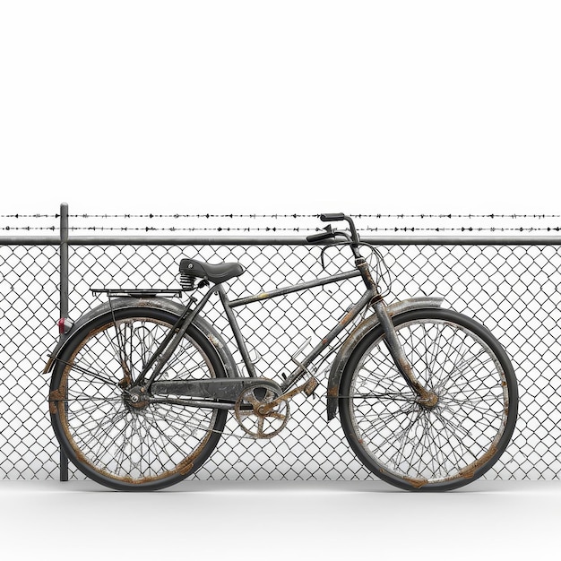 Foto uma bicicleta estacionada contra uma cerca na frente de uma cerca de ligação de cadeia