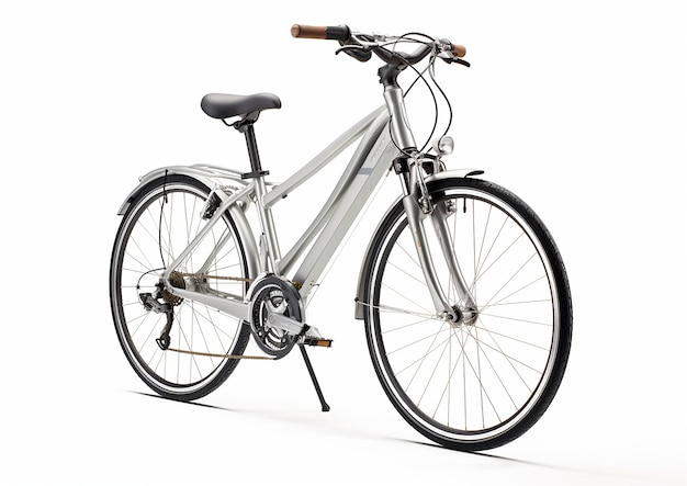 uma bicicleta híbrida em prata sobre um fundo branco