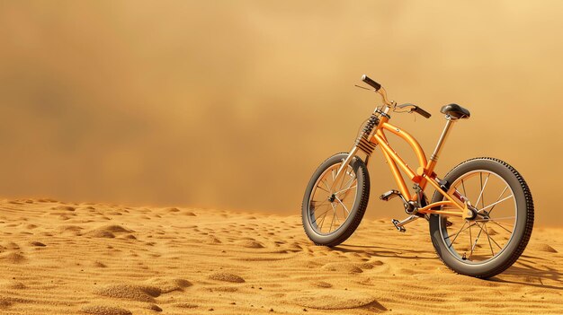 Foto uma bicicleta laranja solitária está abandonada no meio de um vasto deserto a bicicleta é velha e enferrujada e os pneus estão furados