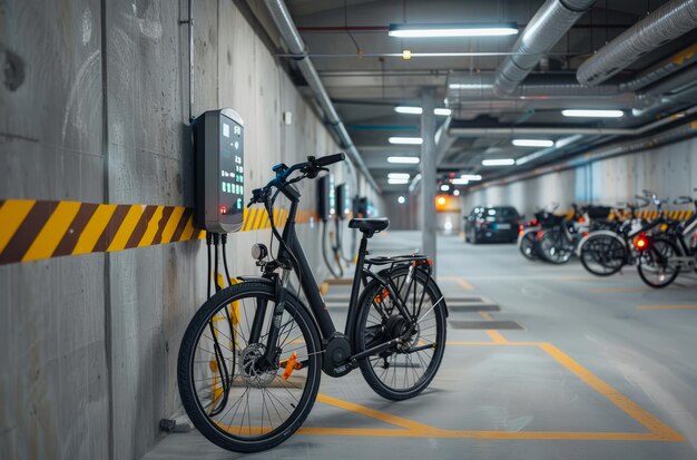 Uma bicicleta preta está estacionada em uma garagem de estacionamento. A bicicleta está conectada a uma estação de carregamento.