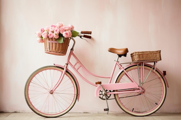 Uma bicicleta rosa com um cesto de flores na frente.