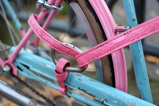 Uma bicicleta rosa com uma alça rosa que diz rosa