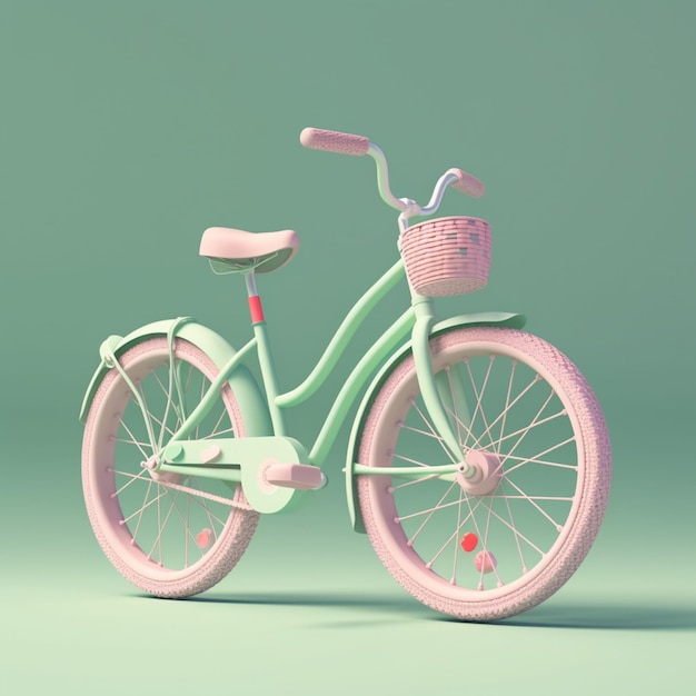 Uma bicicleta rosa com uma cesta na frente fica em um fundo verde.