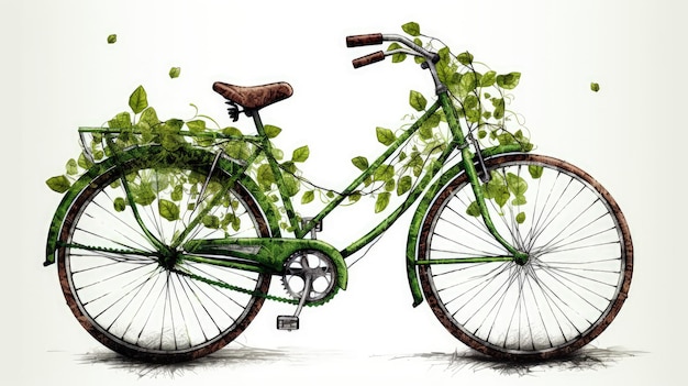 Uma bicicleta verde com folhas na frente
