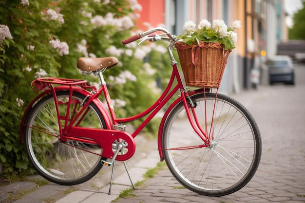uma bicicleta vermelha clássica com uma cesta de flores gerada por IA