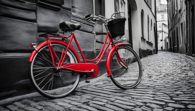 uma bicicleta vermelha com uma cesta na frente dela