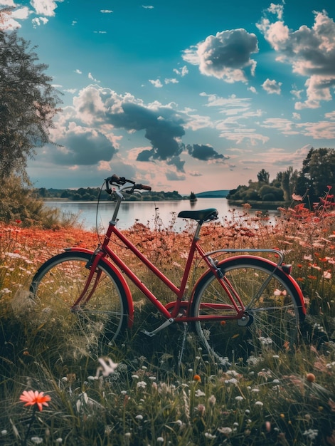 uma bicicleta vermelha está estacionada em um campo com flores em primeiro plano