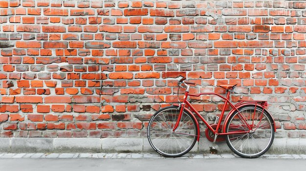 Uma bicicleta vintage vermelha está estacionada na frente de uma parede de tijolos. A bicicleta está em foco, enquanto o fundo está ligeiramente desfocado.