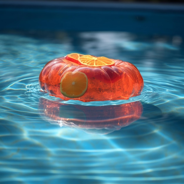 Uma bóia de piscina com um anel laranja e uma fatia de laranja.