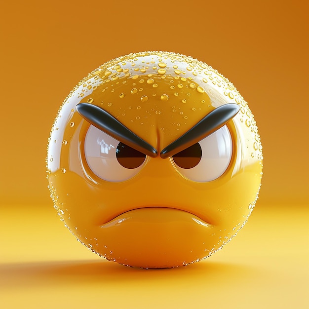 uma bola amarela com um rosto zangado e uma expressão de raiva
