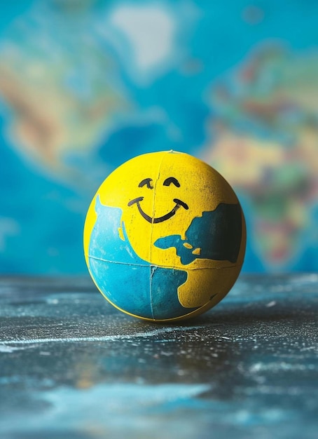 Foto uma bola amarela e azul com um rosto sorridente