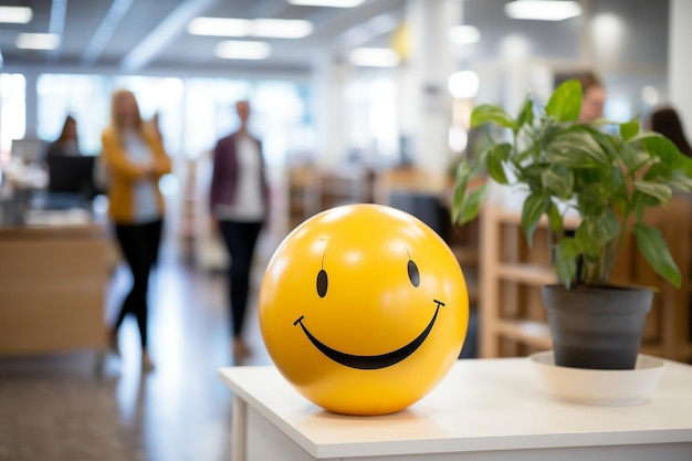 Uma bola amarela sorridente no interior do escritório demonstra um ambiente de trabalho positivo IA generativa